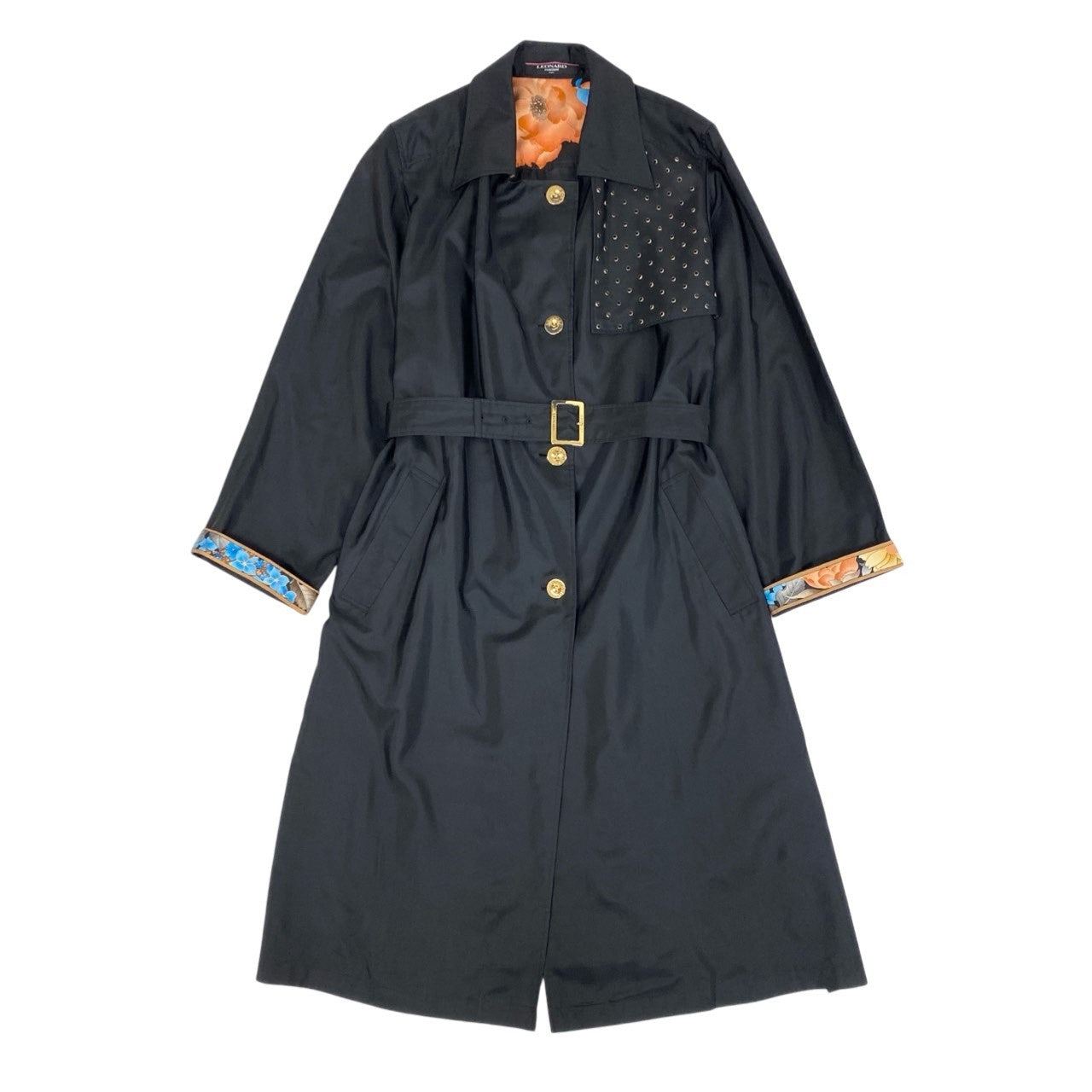 31b11【美品】LEONARD レオナール トレンチコート 美しい花柄プリント ラインストーン 金ボタン 0388450 13Rサイズ ブラック コットン100％ レディース 女性用u02t