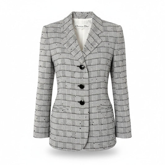 20c24 Christian Dior クリスチャンディオール ツイードジャケット テーラードジャケット  ブレザー 三つ釦 チェック柄 9サイズ グレー系 レディース 女性用o07t