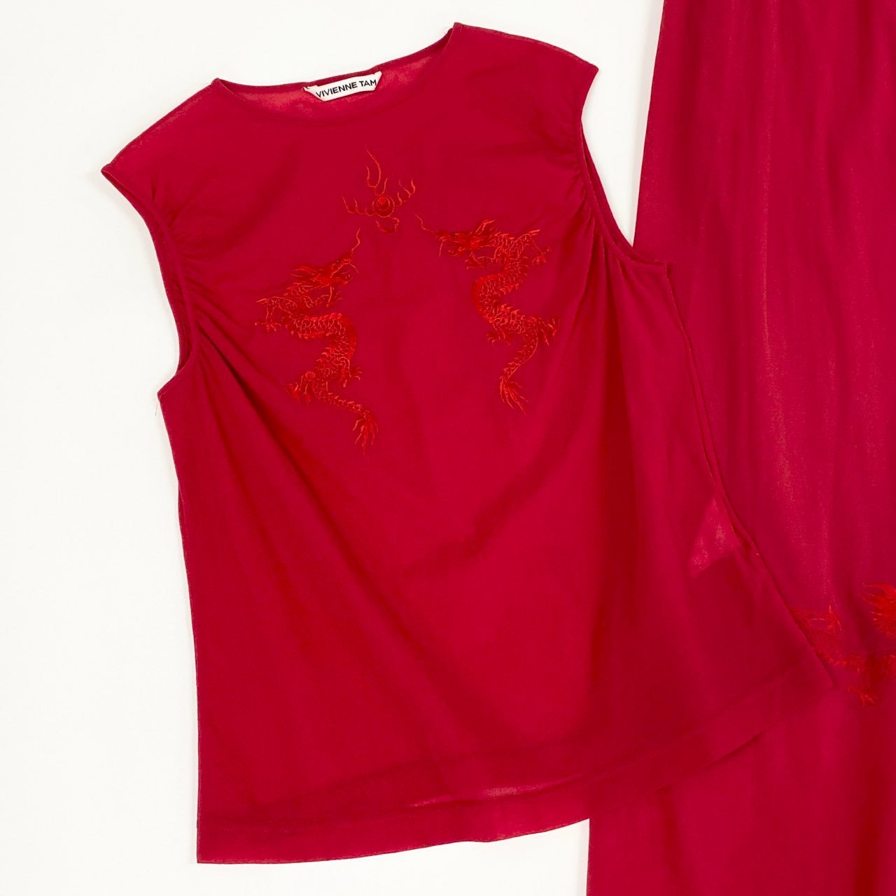 29a9 VIVIENNE TAM ヴィヴィアンタム パワーネット ドラゴン刺繍 ノースリーブトップス ロングスカート 0 レッド レディース 女性用u02t