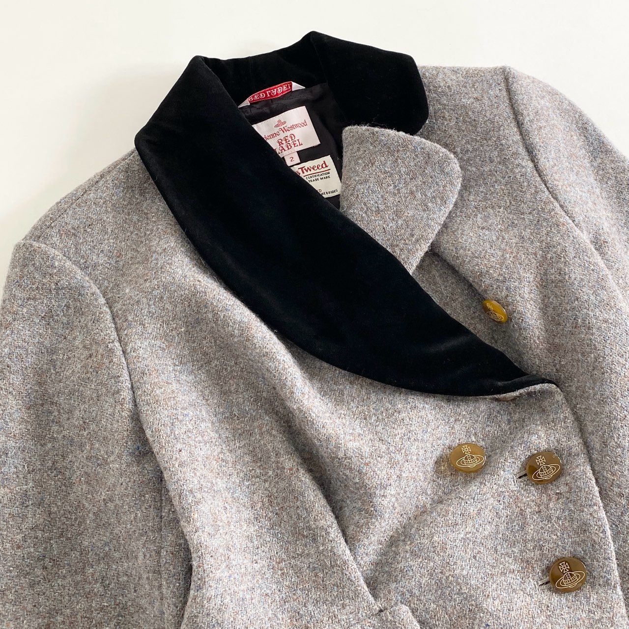 4j17 Vivienne Westwood RED LABEL ヴィヴィアン ウエストウッド レッドレーベル × Harris Tweed ハリスツイード アシンメトリー テーラードジャケット オーブボタン 2 グレー系 ブレザー 日本製