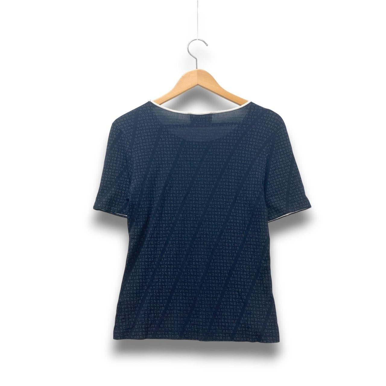 31c16 GIVENCHY ジバンシー 半袖Tシャツ カットソー ブランドロゴ パイピング ストレッチ トップス Mサイズ ネイビー ホワイト レディース 女性用o07t