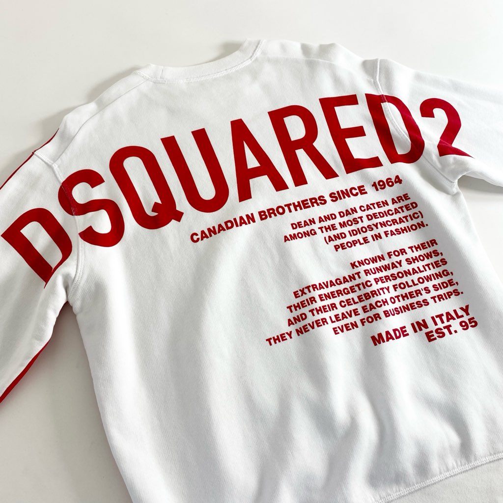 23f8 DSQUARED2 ディースクエアード 両面プリント ブランドロゴ入り 裏起毛 プリントトレーナー スウェット サイズM ホワイト メンズ