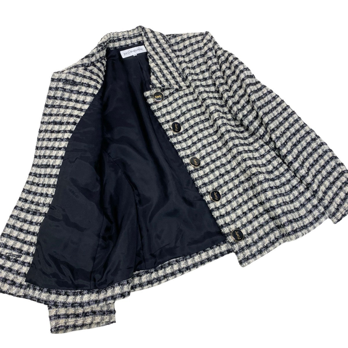 29g14 YVES SAINT LAURENT イヴサンローラン セットアップスカート ツイードジャケット YSLロゴボタン サイズ40 ブラック アイボリー レディース 女性用o07t