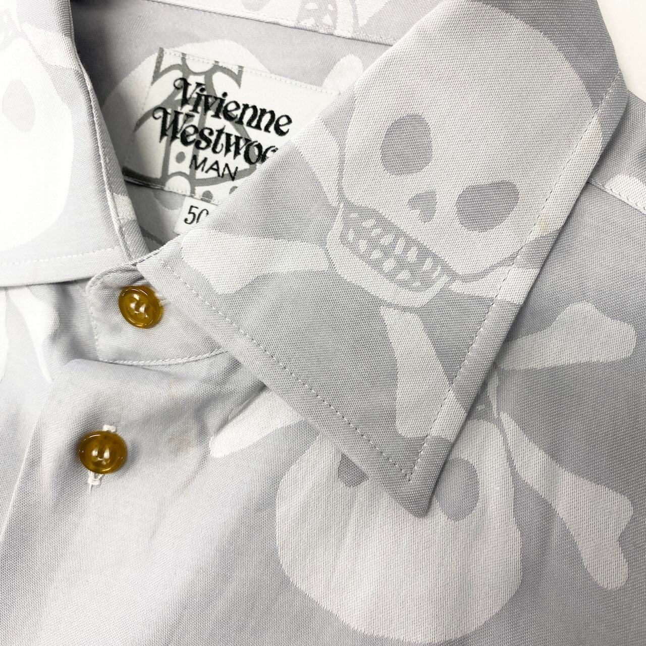 22e7 VivienneWestWood MAN ヴィヴィアンウエストウッドマン ロゴ刺繡 総柄シャツ ドクロ ロングスリーブシャツ サイズ50 ライトグレー コットン100％ メンズ 紳士服u02t