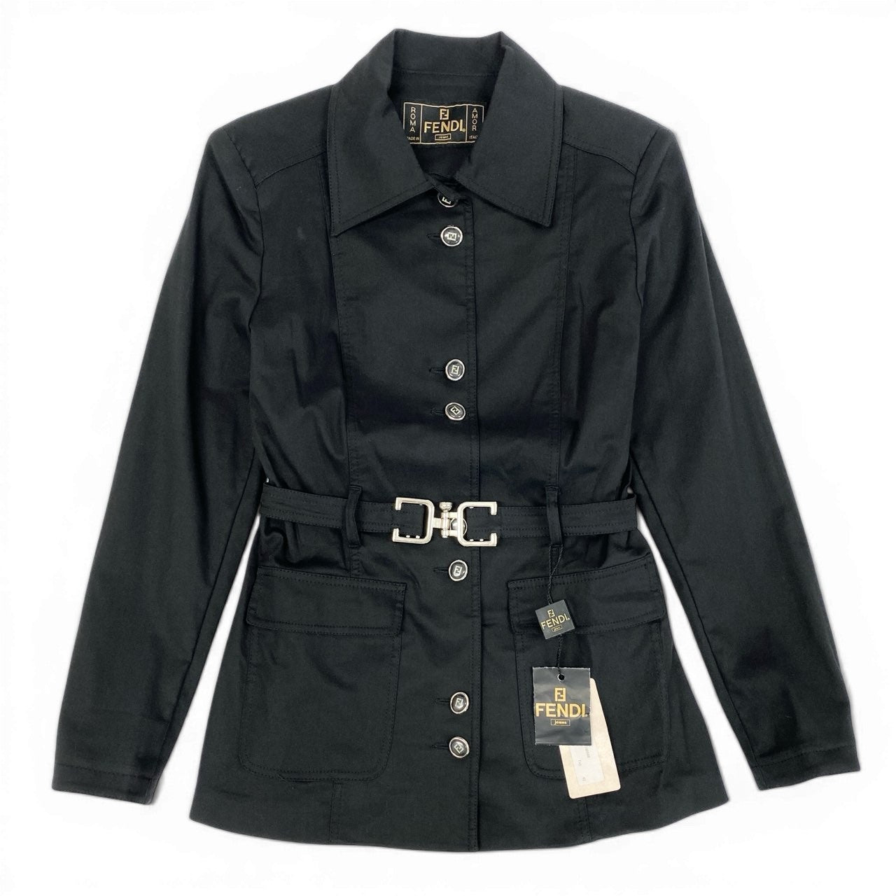 Ed10 【デッドストック】 Vintage FENDI フェンディ ベルテッドコート 薄手ジャケット FFロゴボタン 42 ブラック コットンu02t