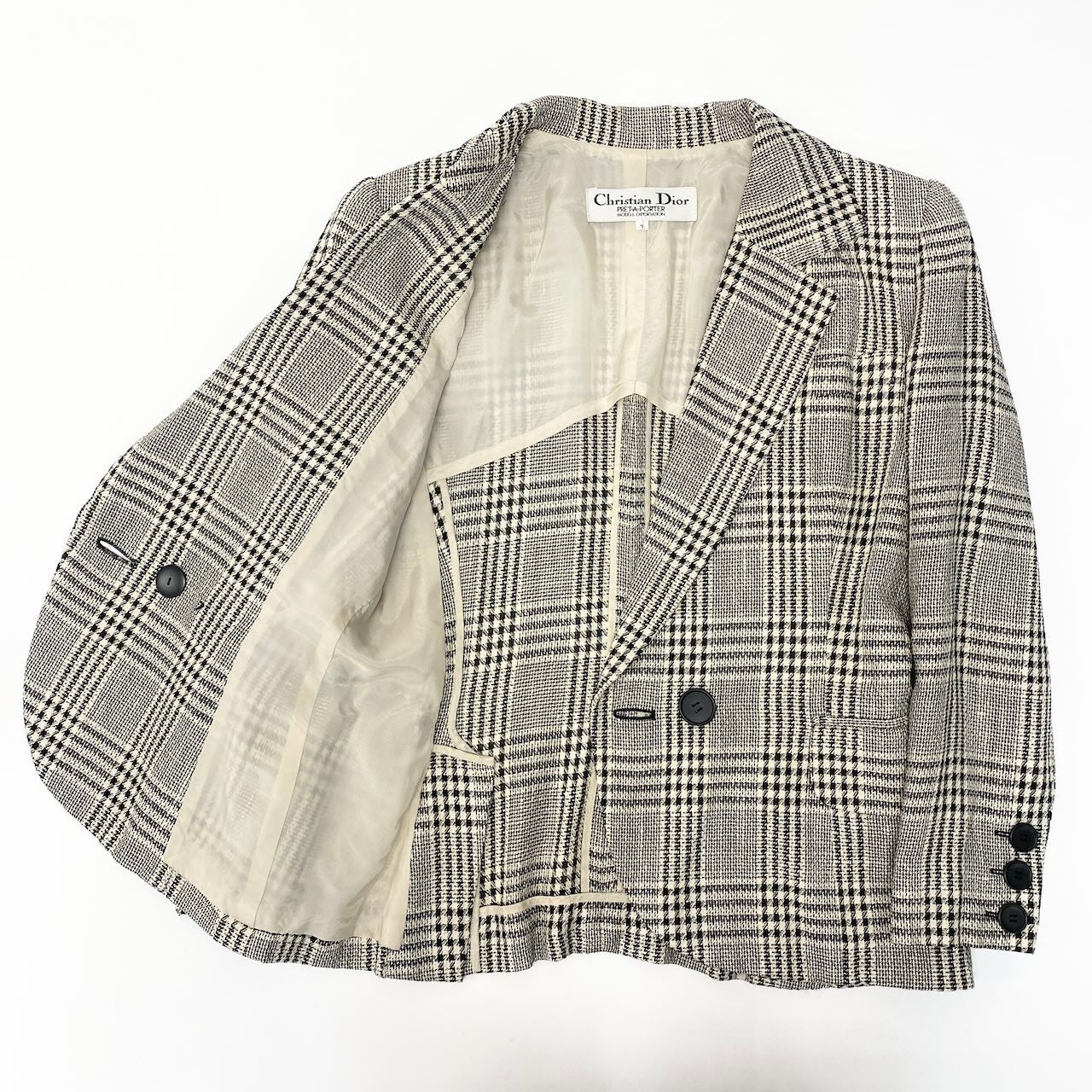10c29 Christian Dior クリスチャンディオール ダブルプレストテーラードジャケット ブレザー チェック柄 7サイズ ベージュ ブラック レディース 女性用o07t