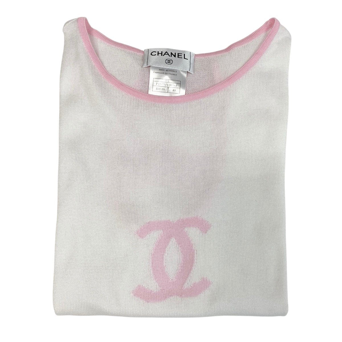 Cg19 CHANEL シャネル 2000年 ノースリーブ コットンニット トップ ココマーク P15734V00761 サイズ40 ピンク ホワイト レディースu02t