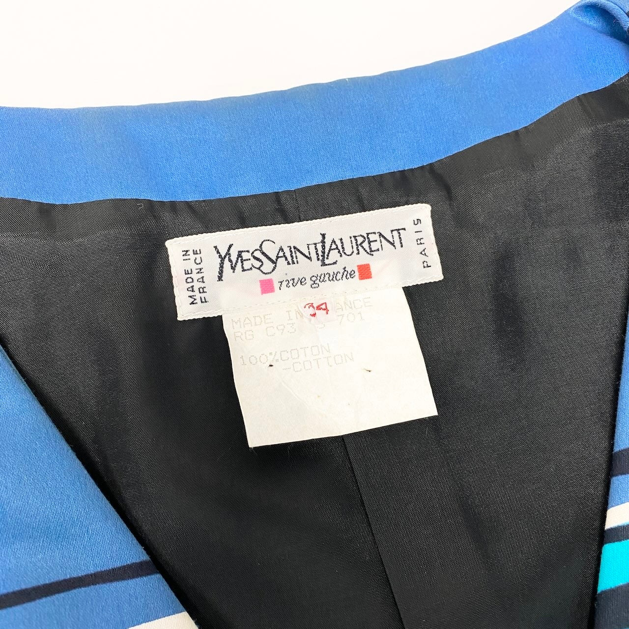 66d27 YVES SAINT LAURENT イヴサンローラン ノーカラージャケット コットンジャケット ボーダー フランス製 サイズ34 マルチカラー 綿100％ レディース 女性用u02t