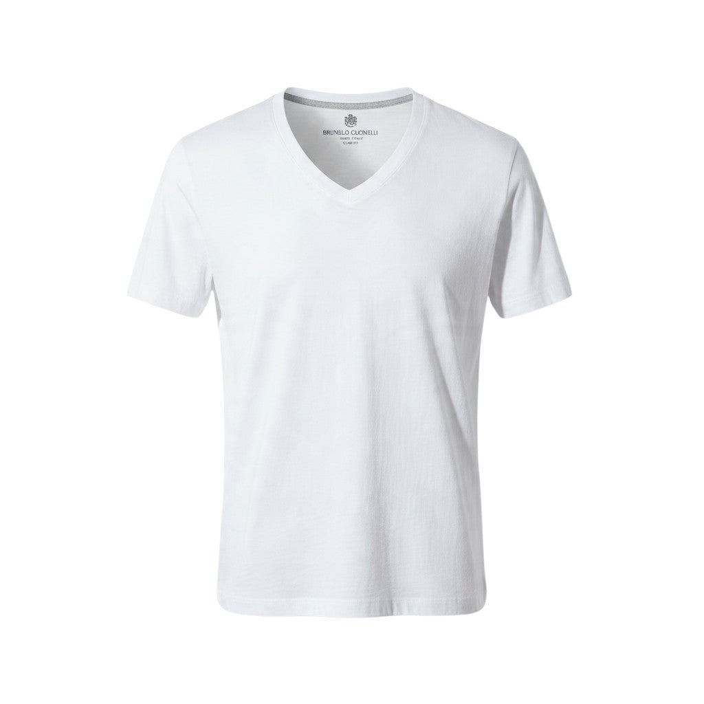 30j27 BRUNELLO CUCINELLI ブルネロクチネリ SLIM FIT Vネックカットソー 半袖Tシャツ ホワイト コットン メンズu02t