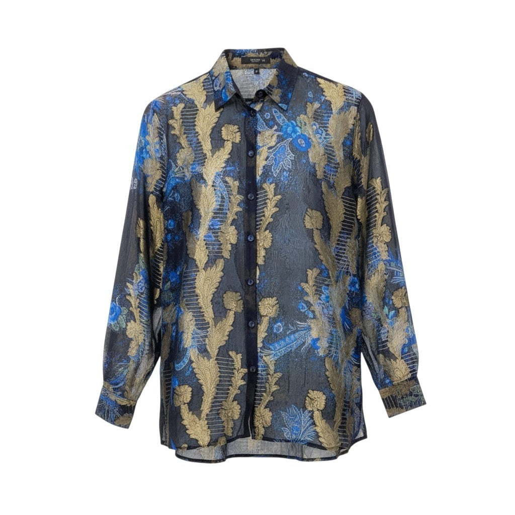 44b18 ETRO エトロ ロングスリーブ シアーシャツ 美しい花柄プリント ゴールド刺繍 シルクブレンド イタリア製 レディース 女性用 サイズ42 ネイビーu02t