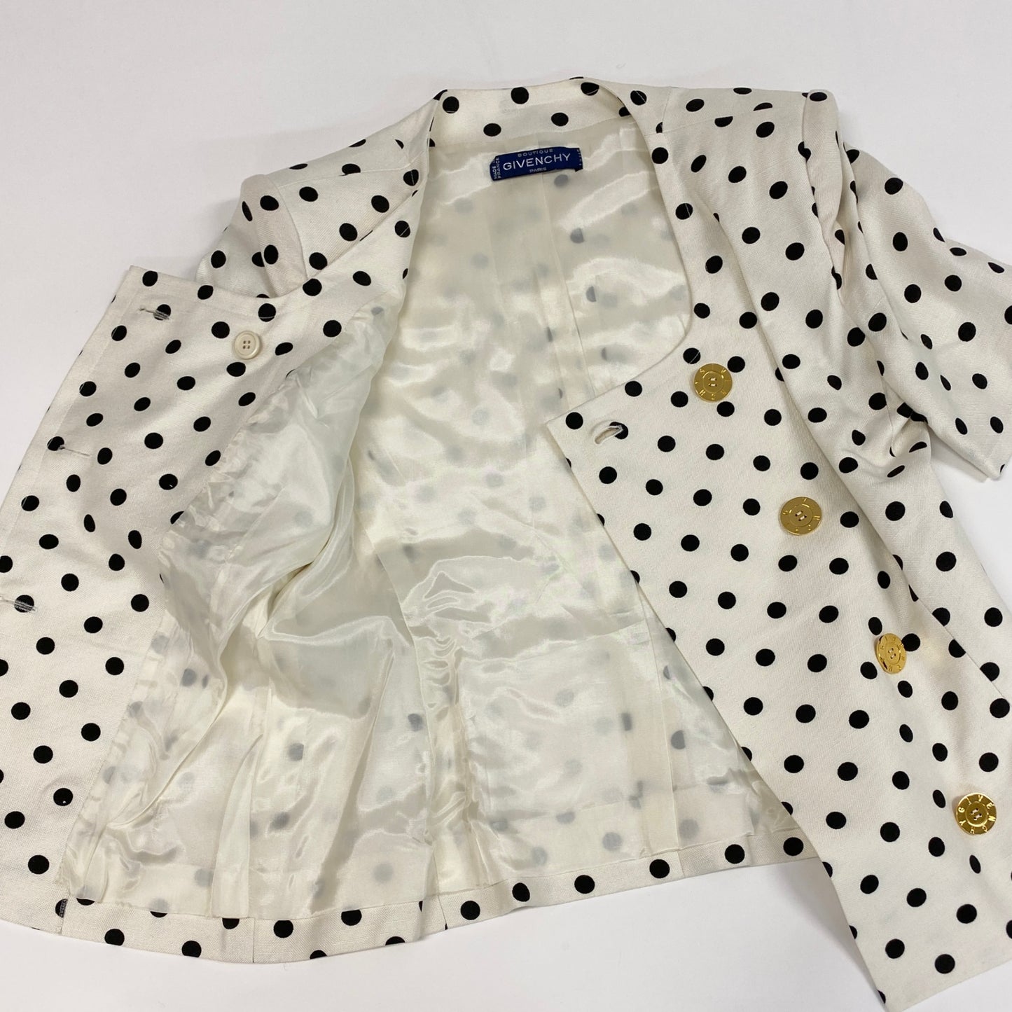 48d16 GIVENCHY ジバンシー Vintage 半袖ジャケット 金ボタン ポルカドット柄 フランス製 ホワイト ブラック レディース 女性用u02t