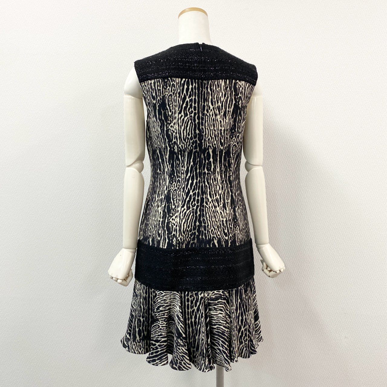 61g23 Giambattista Valli ジャンバティスタ ヴァリ イタリア製 レオパード柄 ツイード切替 ノースリーブワンピース ドレス 40 ブラック ベージュ系 レディース