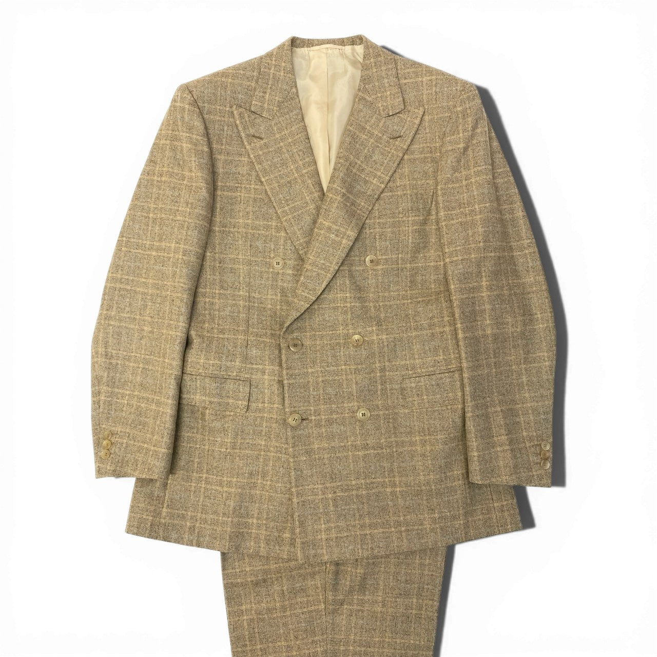 76a28 Vintage Brioni ブリオーニ FLAMINIO スーツセットアップ テーラードジャケット スラックス チェック柄 50サイズ ベージュ ウール100％ メンズ 男性用u02t
