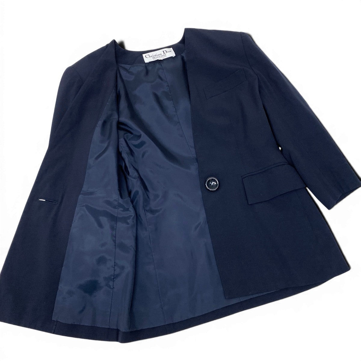 77g14 Christian Dior クリスチャンディオール セットアップ スカートスーツ ノーカラージャケット タイトスカート サイズ9 ネイビー レディースu02t