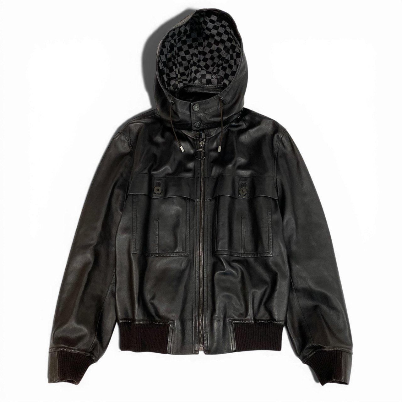 Ab9 《美品》 LOUIS VUITTON ルイヴィトン レザージャケット ライダース 裏地ダミエ フード取外し可 50 ブラウン ラムレザー メンズk02i