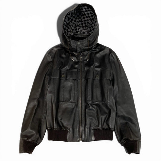 Ab9 《美品》 LOUIS VUITTON ルイヴィトン レザージャケット ライダース 裏地ダミエ フード取外し可 50 ブラウン ラムレザー メンズk02i