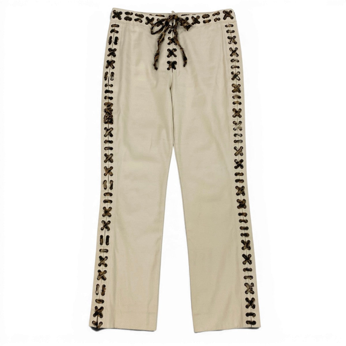 Eg23 【美品】YVESAINTLAURENT 2002年 トムフォード期 モンバサコレクション レースアップトラウザーズ 38サイズ アイボリー コットン100％ レディース 女性用k02i