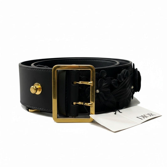 j13 【新品保管品】DIOR フラワーモチーフ レザーベルト 花柄 装飾 イタリア製 35-MA-0273-75 ブラック レザー レディース 女性用k02i