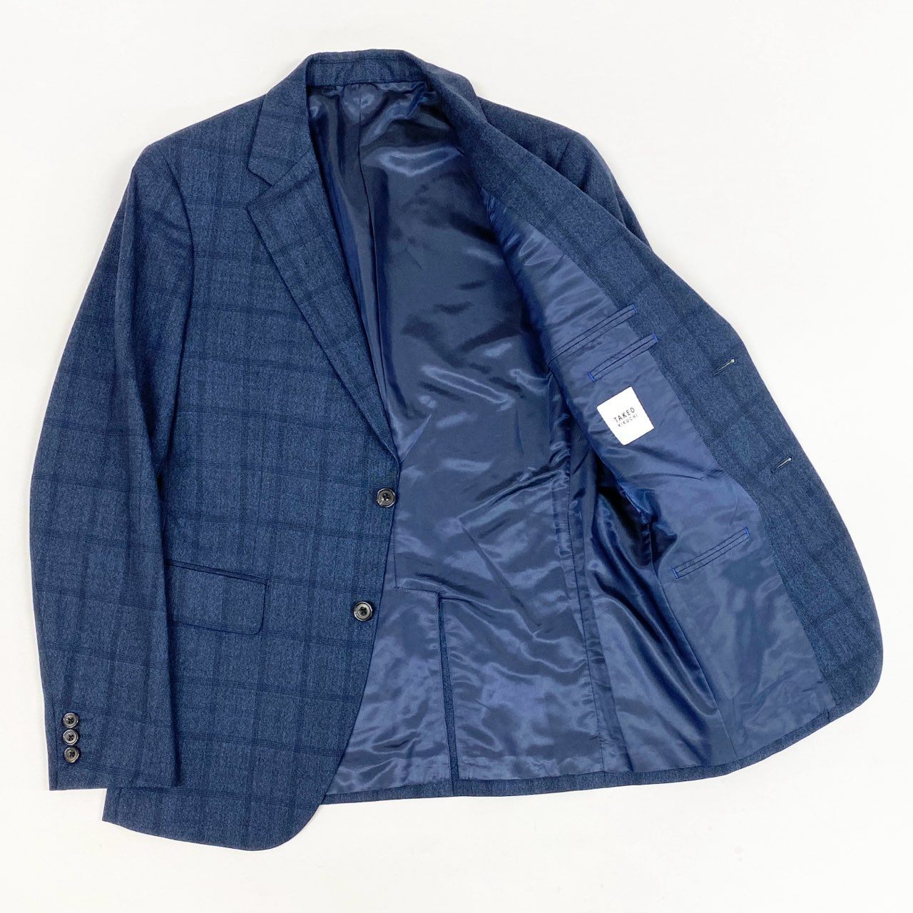 64L15 《美品》 TAKEO KIKUCHI タケオキクチ 日本製 NIKKE社製 シングルスーツ セットアップ 2 ブルー系 チェック ウール メンズu02t