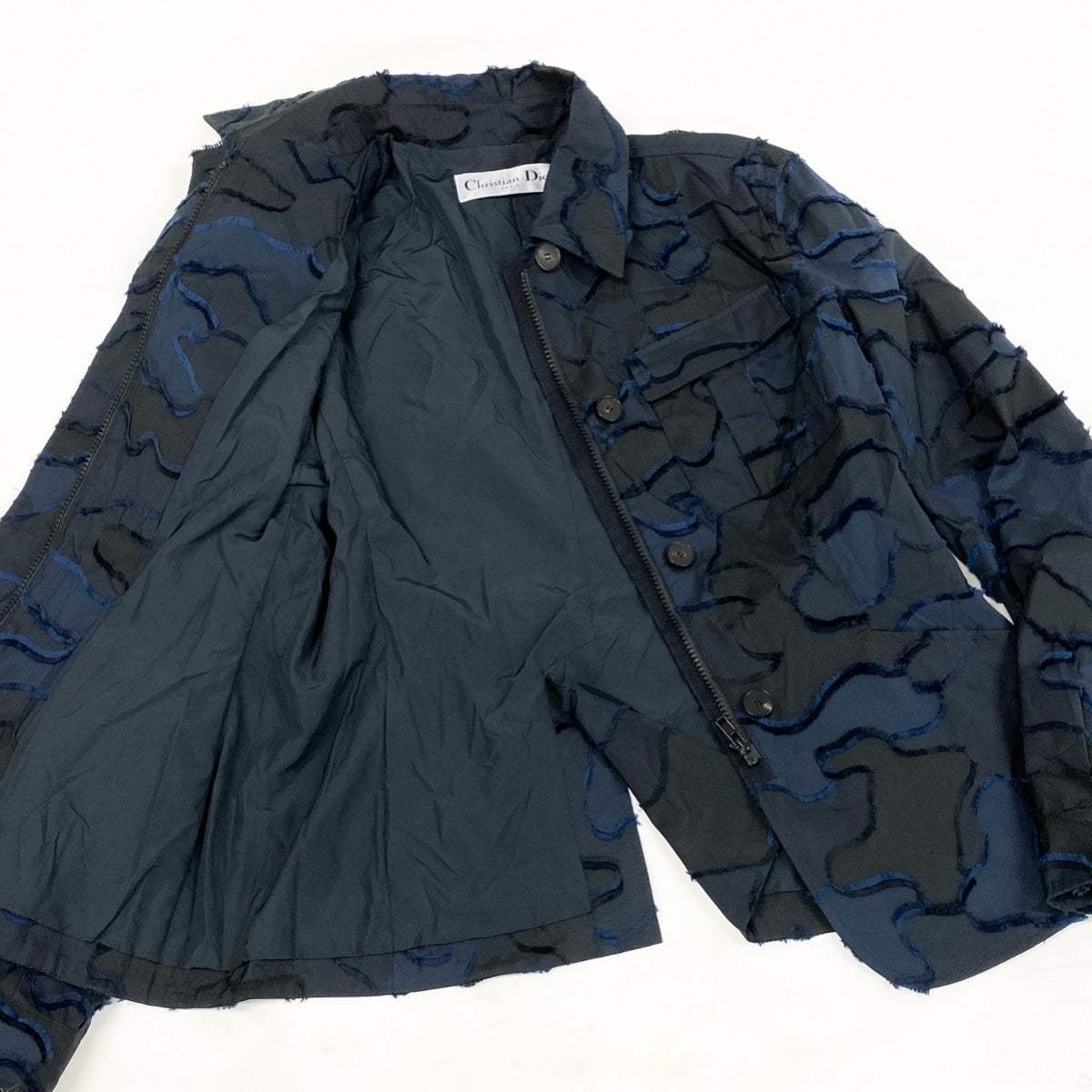j13 【美品】Christian Dior シャツジャケット カモフラージュ フリンジ 44サイズ ネイビー ポリエステル100％ レディース 女性用k02i
