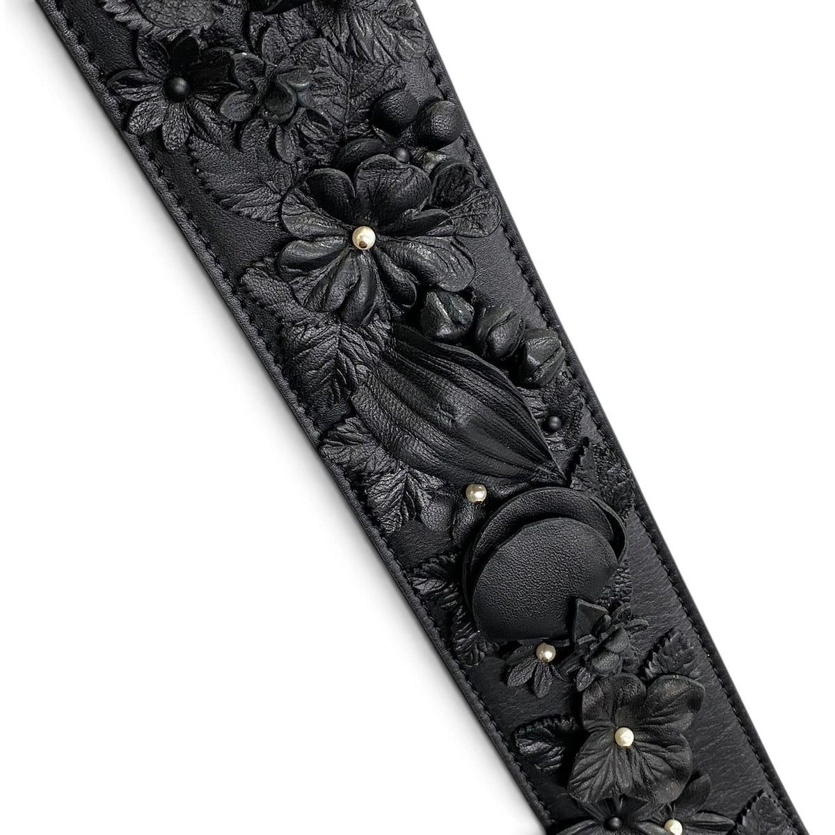 j13 【新品保管品】DIOR フラワーモチーフ レザーベルト 花柄 装飾 イタリア製 35-MA-0273-75 ブラック レザー レディース 女性用k02i