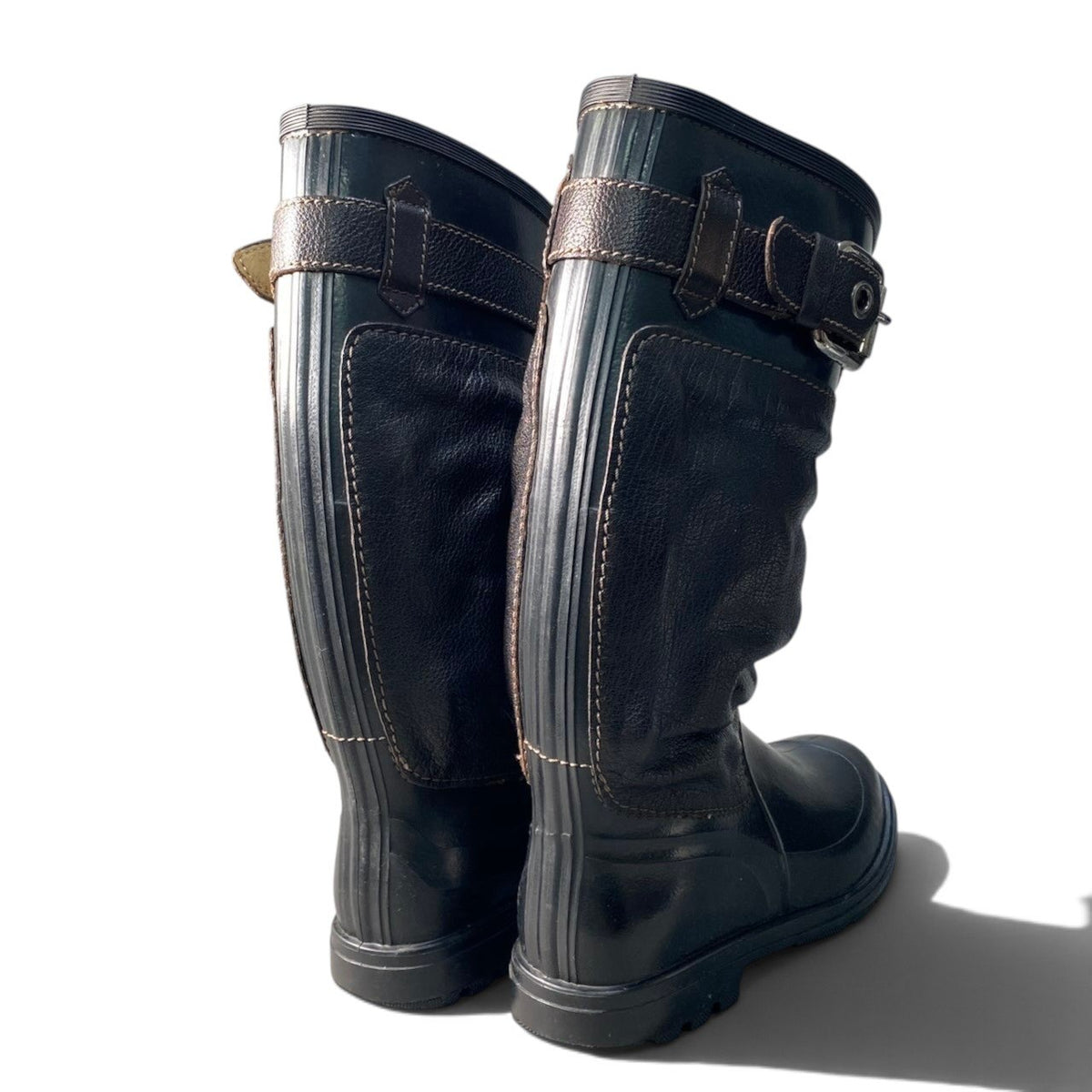1i16 D&G DOLCE&GABBANA ドルチェアンドガッパーナ ヴィンテージ レインブーツ 切替裏ボアロングブーツ 42サイズ ダークブラウン レザー ラバー レディース 女性用u02t