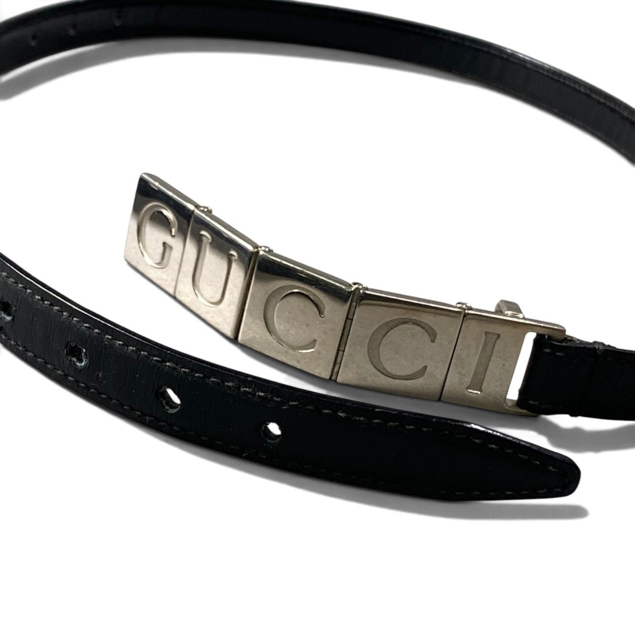 h12 GUCCI グッチ ロゴメタル プレート レザーベルト 75 ブラック レザー レディースu02t