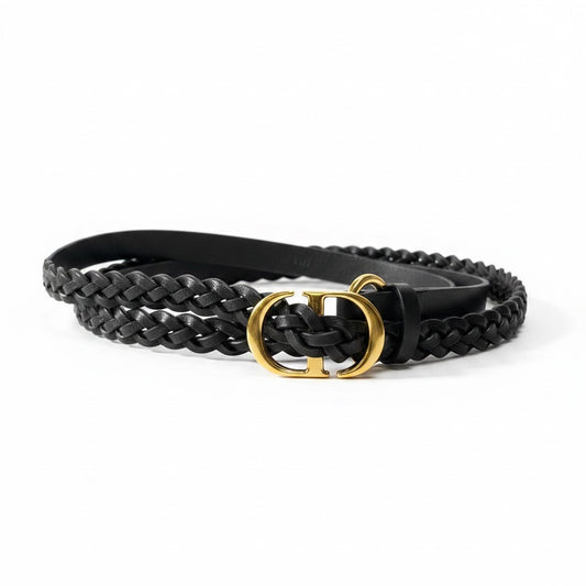 g14 Christian Dior CDロゴバックル ダブルストラップベルト イタリア製 75サイズ ブラック ゴールド レザー レディース 女性用k02i