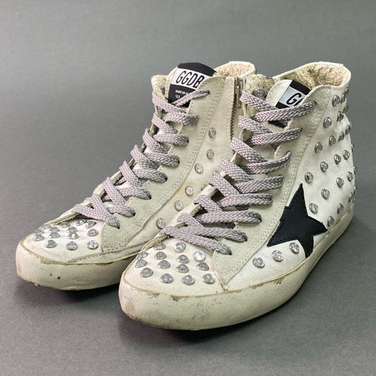 3g9 GOLDEN GOOSE ゴールデングース ヴィンテージ加工 ビジュークリスタル ハイカットスニーカー 37 ホワイト レザー ダメージ加工 Vintage シューズ