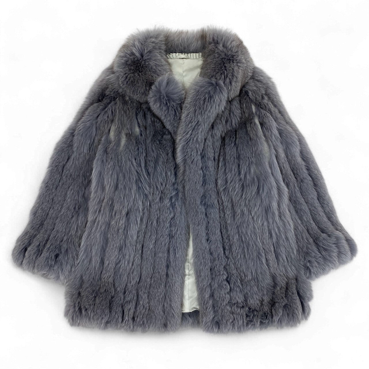 51k19 染め ブルーフォックス ファーコート パープル系 本毛皮 FOX FUR リアルファー 裏地刺繍 ポケット有t18r