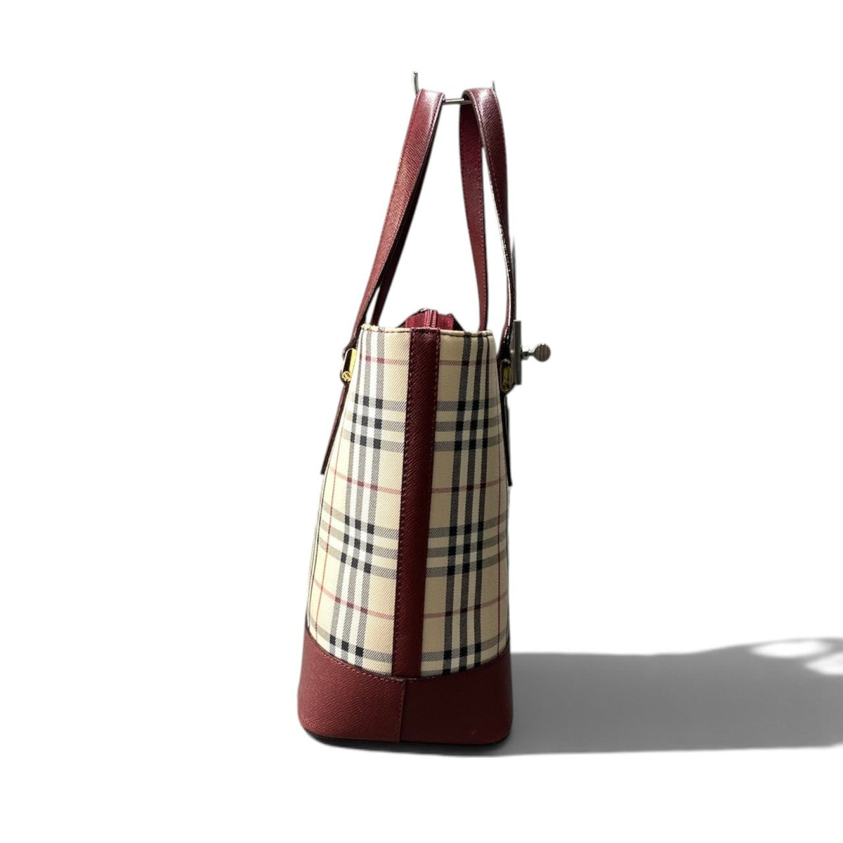 h13【美品】BURBERRY ハンドバッグ ノバチェック  ベージュ ボルドー キャンバス レザー レディース 女性用k02i