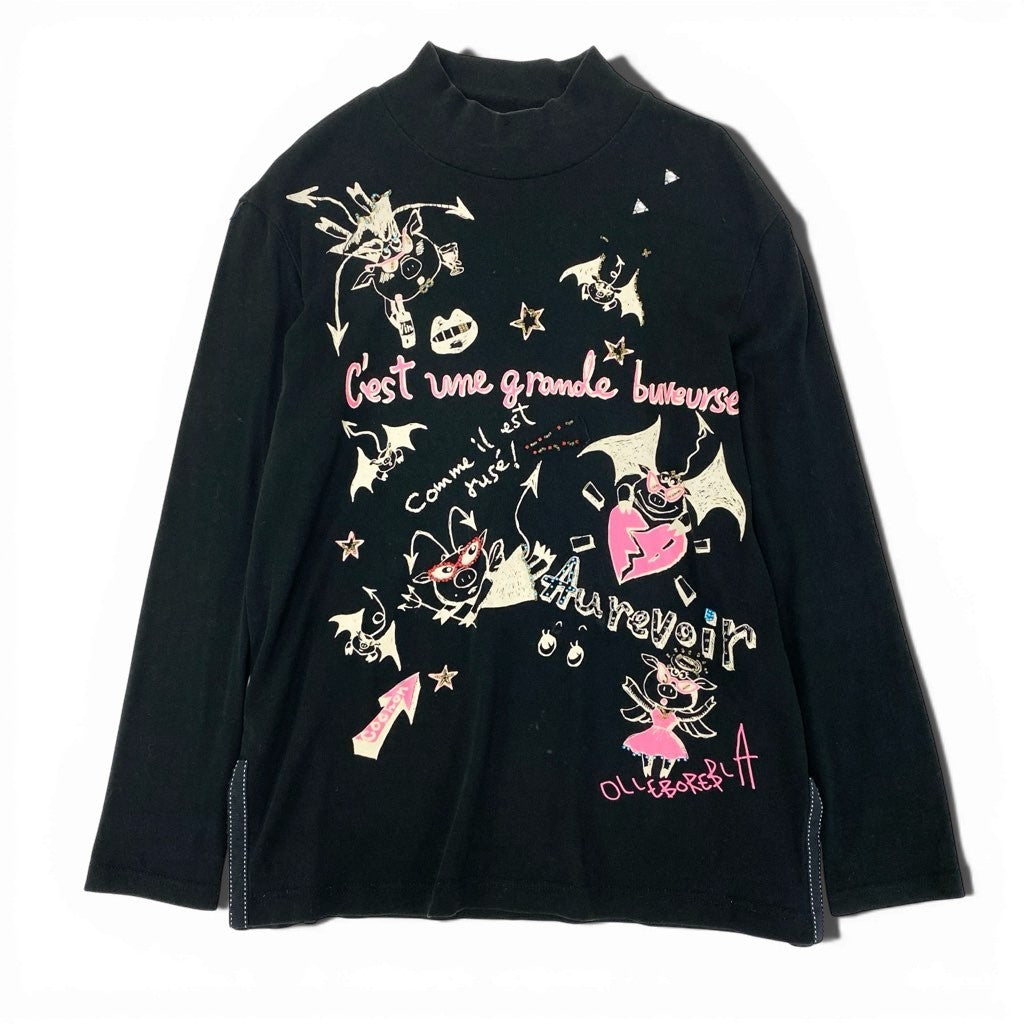 6a9 OLLEBOREBLA オレボレブラ チュニックカットソー ロングスリーブ モックネック ブタさん ビーズ装飾 レディース ブラックo07t