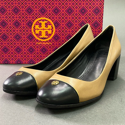 2k6 【美品】TORY BURCH トリーバーチ  スモールロゴ バイカラー レザーパンプス サイズ5M ベージュ ブラック レザー レディース 女性用 靴 チャンキーヒール