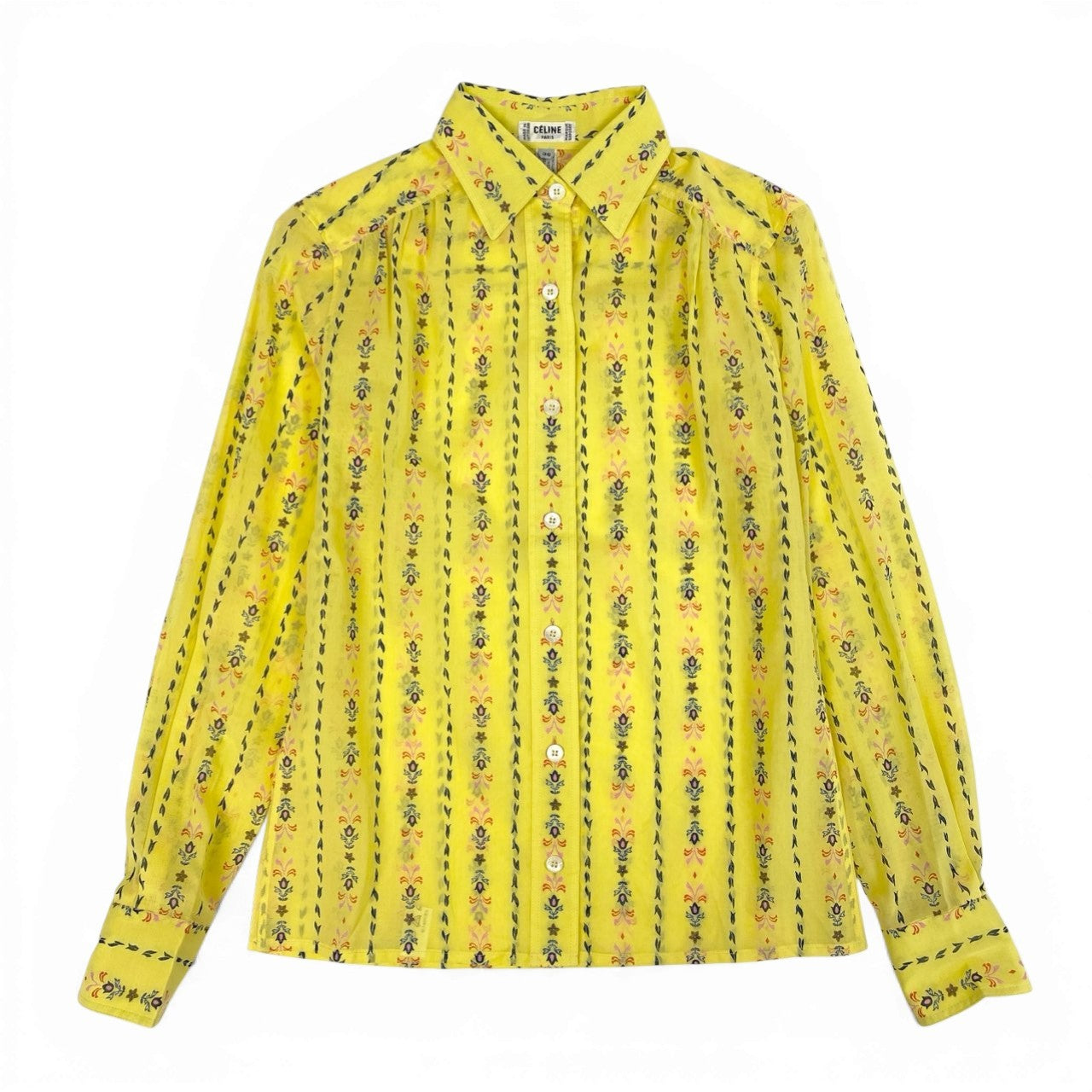 52b10 【極美品】CELINE セリーヌ デッドストック 80’s 長袖フローラルプリントシャツ Button-Down Shirt in Bright Yellow 36サイズ イエロー コットン100％ レディース 女性用ta1