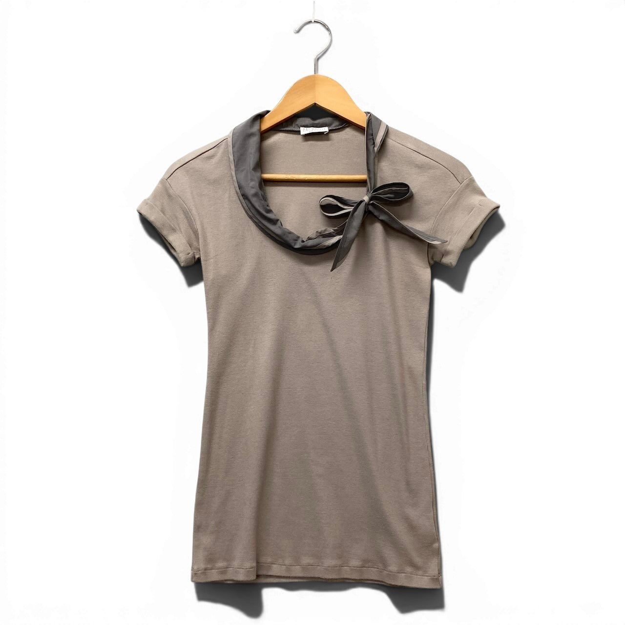 22f17 BRUNELLO CUCINELLI ブルネロクチネリ ボウタイ リブニットカットソー 半袖Tシャツ ストレッチ  サイズM グレー レディース 女性服o07t