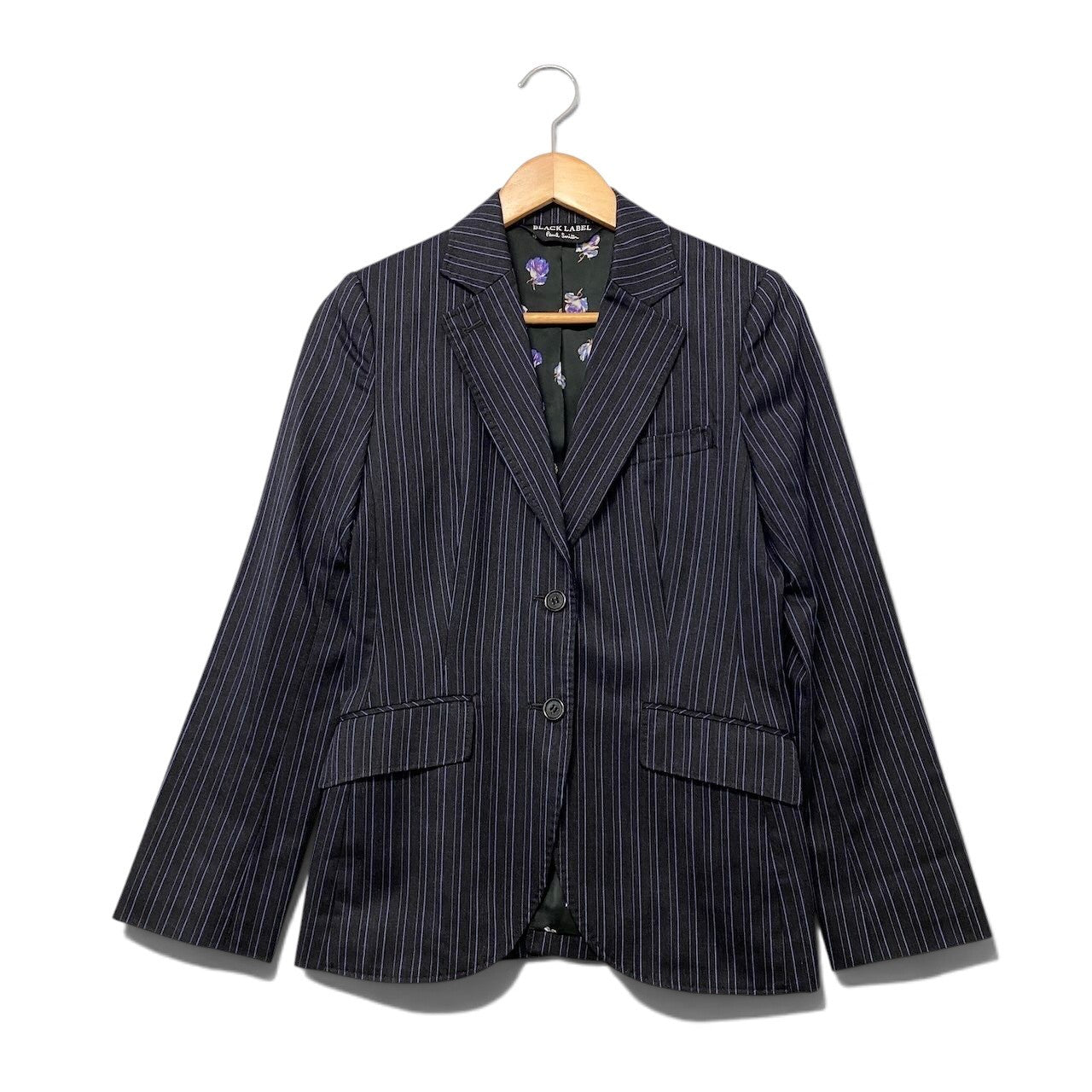 48i1 【美品】 BLACK LABEL Paul Smith ブラックレーベル ポールスミス セットアップ スカートスーツ ストライプ柄 テーラードジャケット 裏地花柄 40/38 ダークグレー パープル レディース 女性用u02t