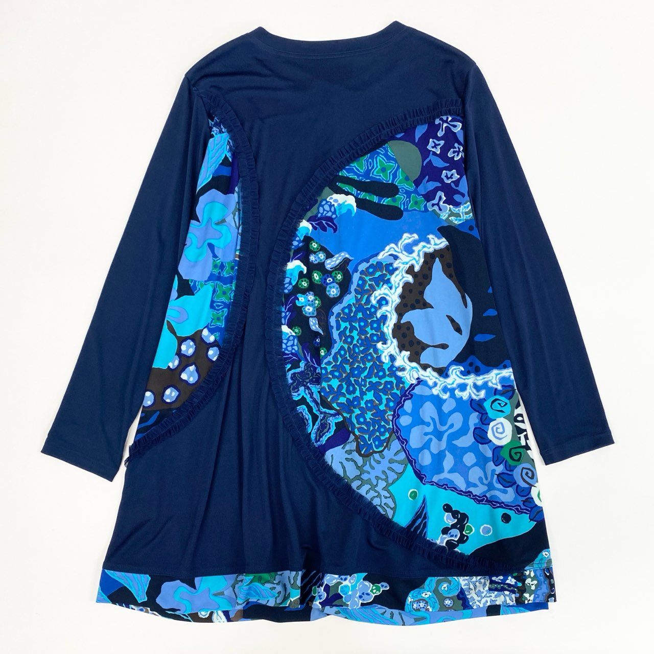 38k26 《美品》 TOKUKO 1er VOL トクコプルミエヴォル 長袖ワンピース シャツワンピース チュニック 前開き 総柄プリント 9 ブルー レディースu02t