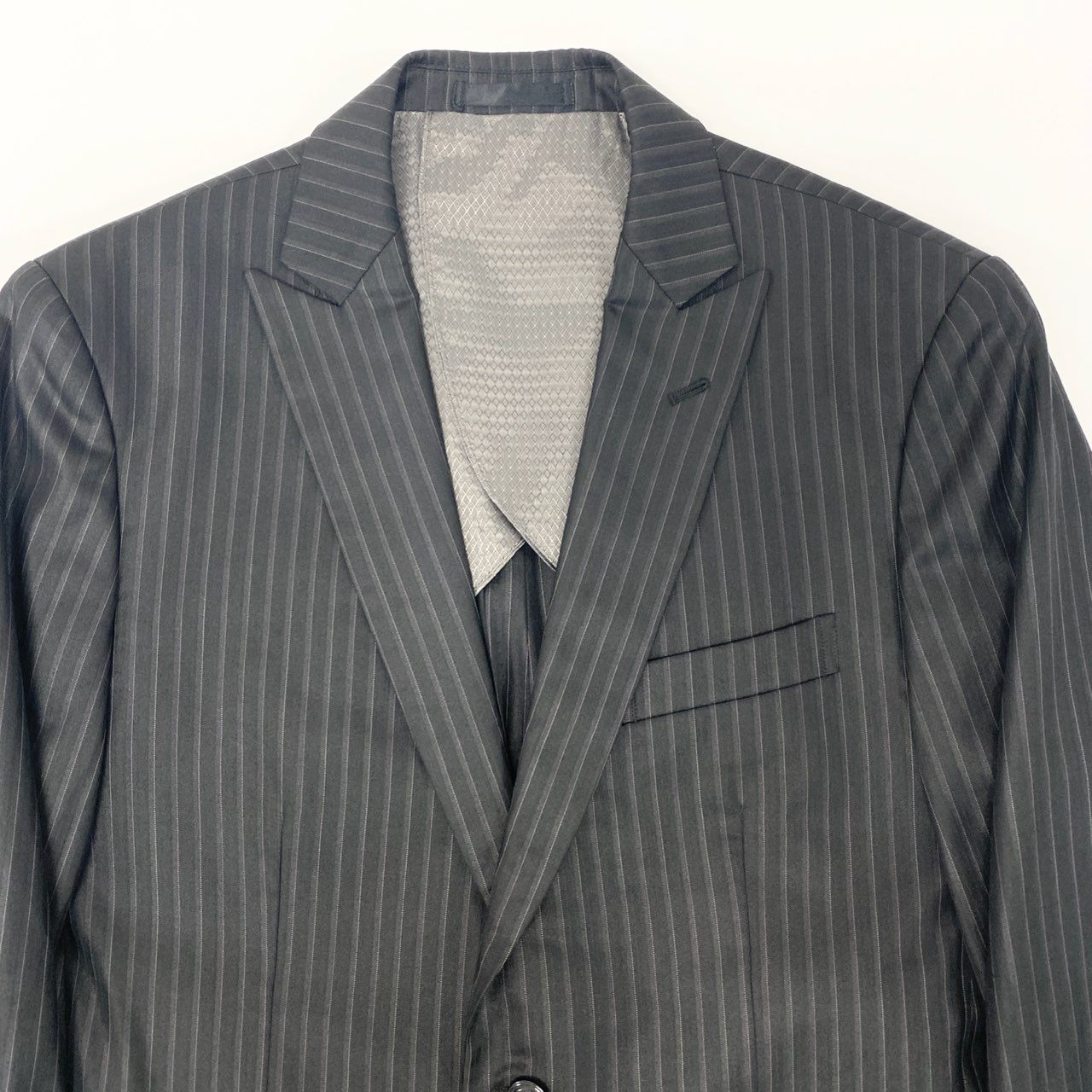 19k27 MONSIEUR NICOLE ムッシュニコル セットアップスーツ シングル 2B 背抜き ストライプ柄 ウールブレンド○ メンズ 紳士服 ブラックu02t