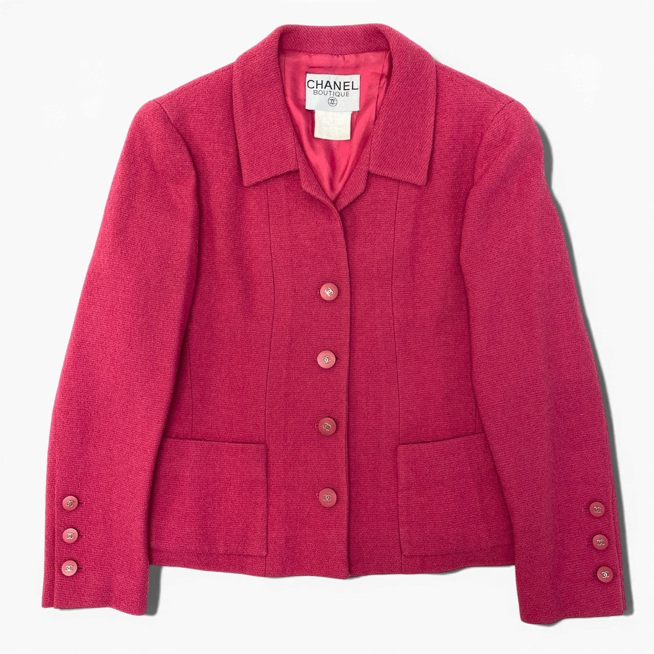 Ca28 CHANEL シャネル 1996年 ツイードジャケット ココマークボタン P06647 サイズ38 ピンク VINTAGEu02t