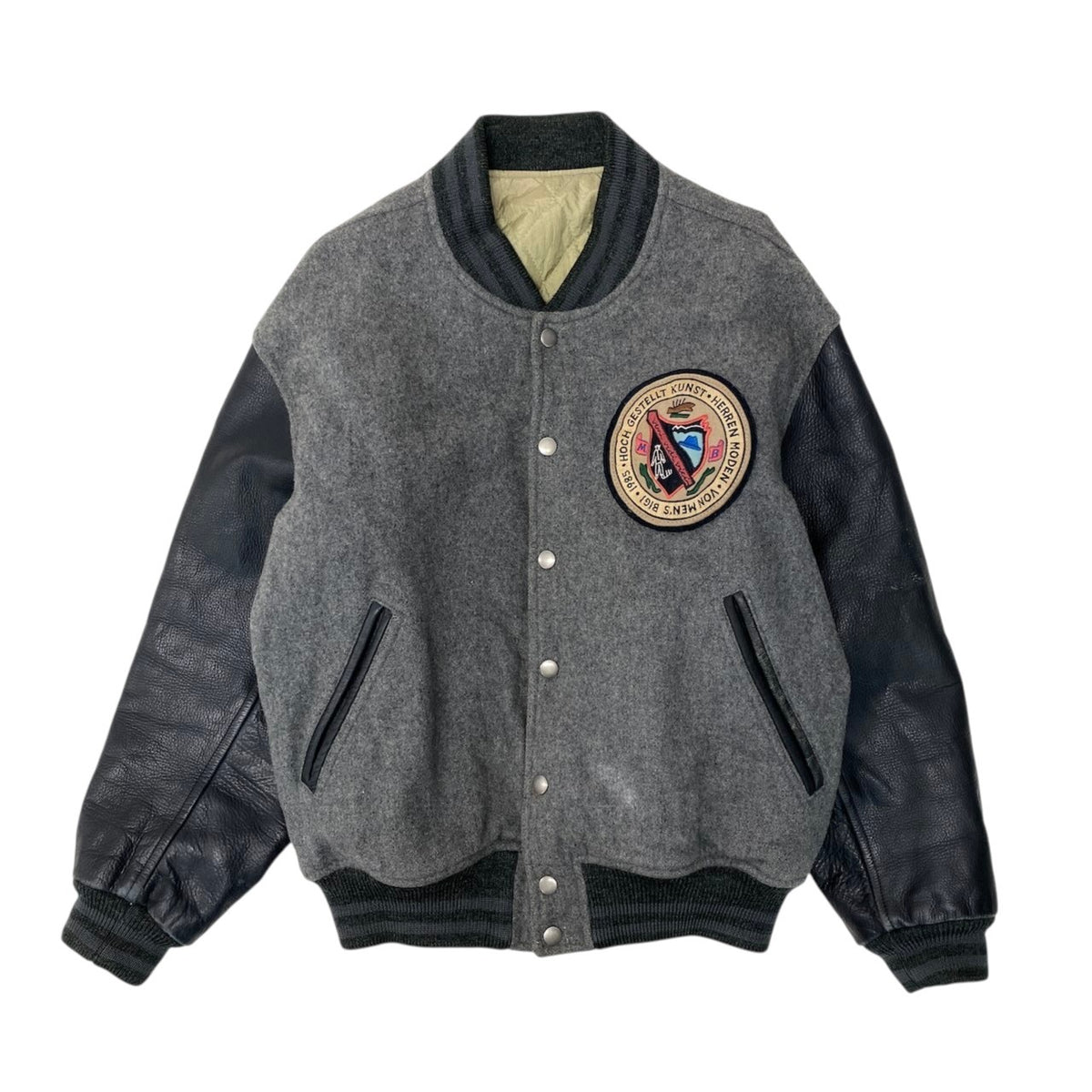 7j19 MEN’S BIGI メンズビギ レザー切替 ワッペン スタジャン サイズM グレー ブラック 刺繍 Vintage ヴィンテージt18r