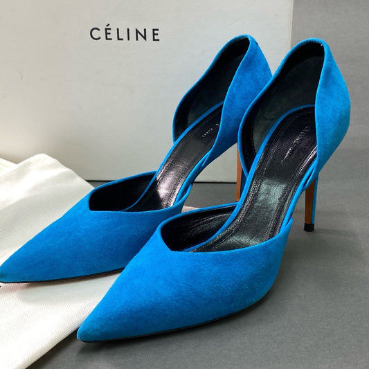 6f4 《美品》 CELINE セリーヌ D'Orsay ドルセー サイドオープン スエードパンプス 36.5 ターコイズ ブルー レザー シューズ 箱付き