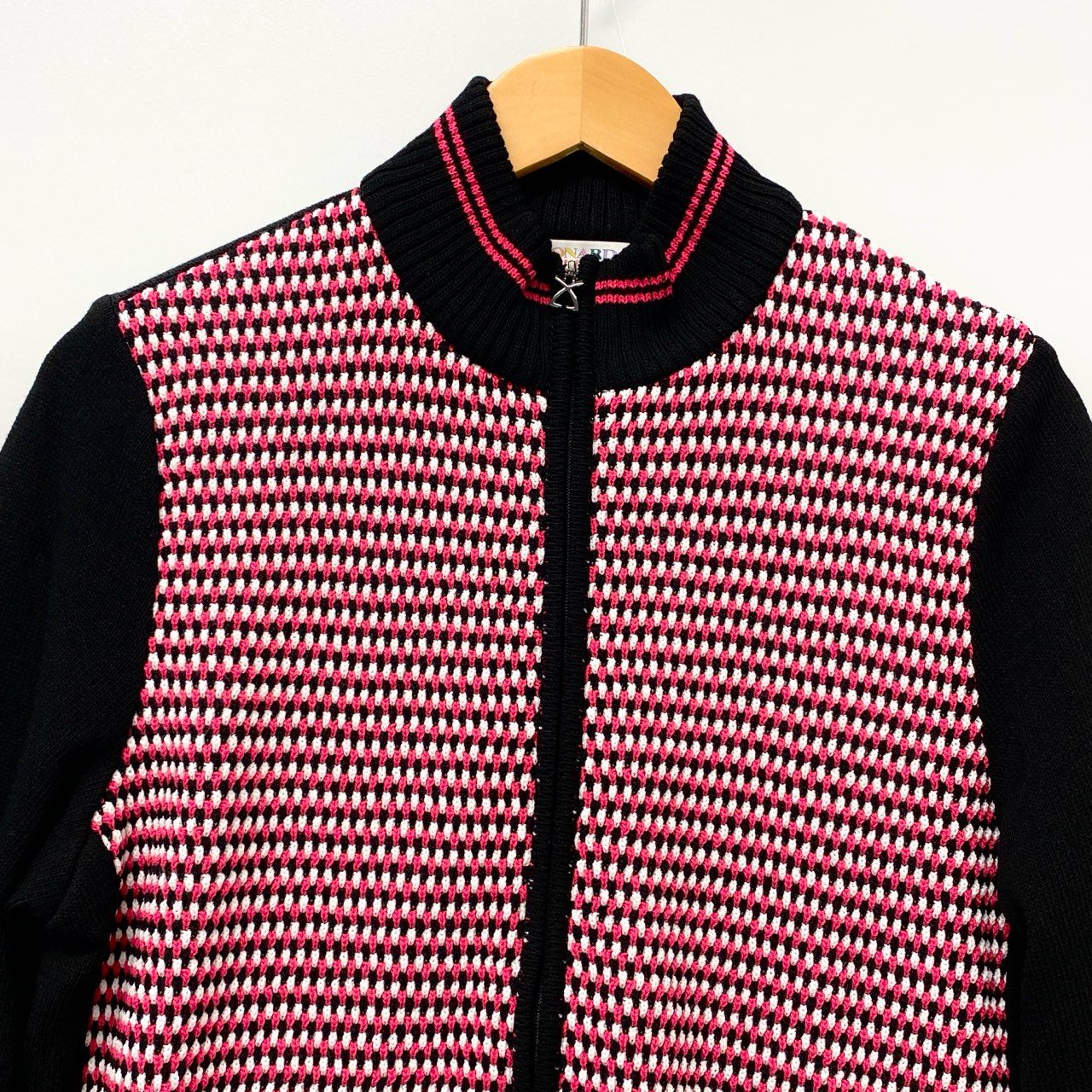 19b17 【美品】 LEONARD レオナール ニットカーディガン ハイネックセーター ファスナー チェック 42 ブラック レディース 女性用u02t