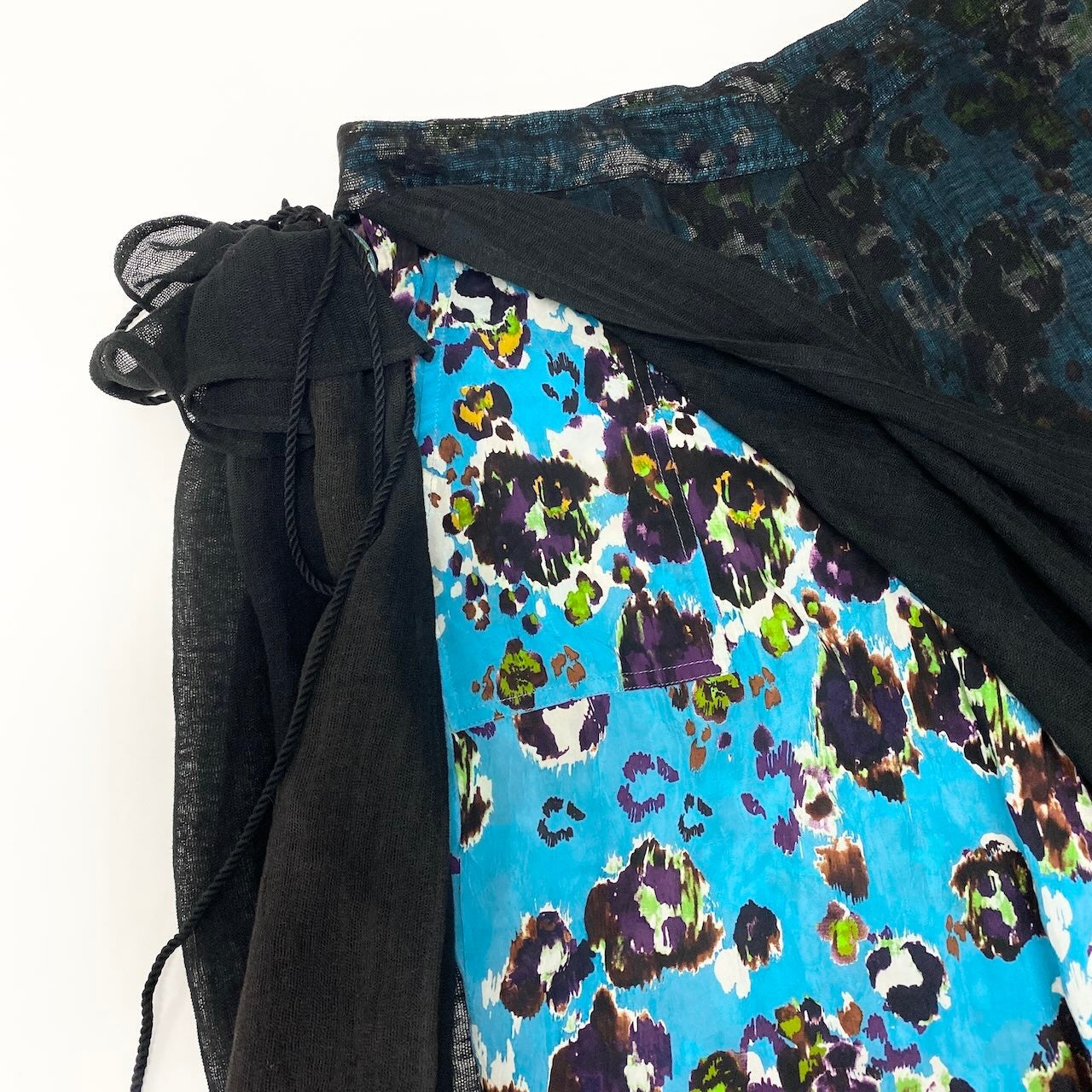 Ad27 Y‘s ワイズ YOHJI YAMAMOTO ヨウジヤマモト 変形パンツ レイヤード  フラワーモチーフ サイズ1 ブラック ライトブルー コットン リネン レディース 女性服u02t