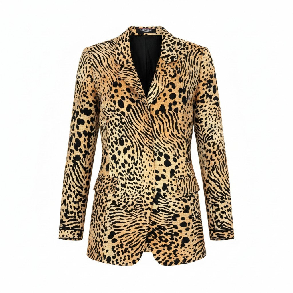 2k19《美品》 EONARD FASHION レオナール テーラードジャケット ロングジャケット アニマル柄 総柄 ウールシルク レディース 女性用 11AR ベージュ ブラックu02t