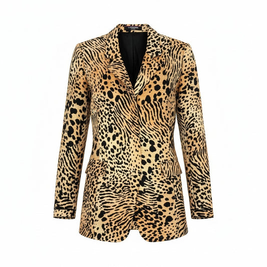 2k19《美品》 EONARD FASHION レオナール テーラードジャケット ロングジャケット アニマル柄 総柄 ウールシルク レディース 女性用 11AR ベージュ ブラックu02t