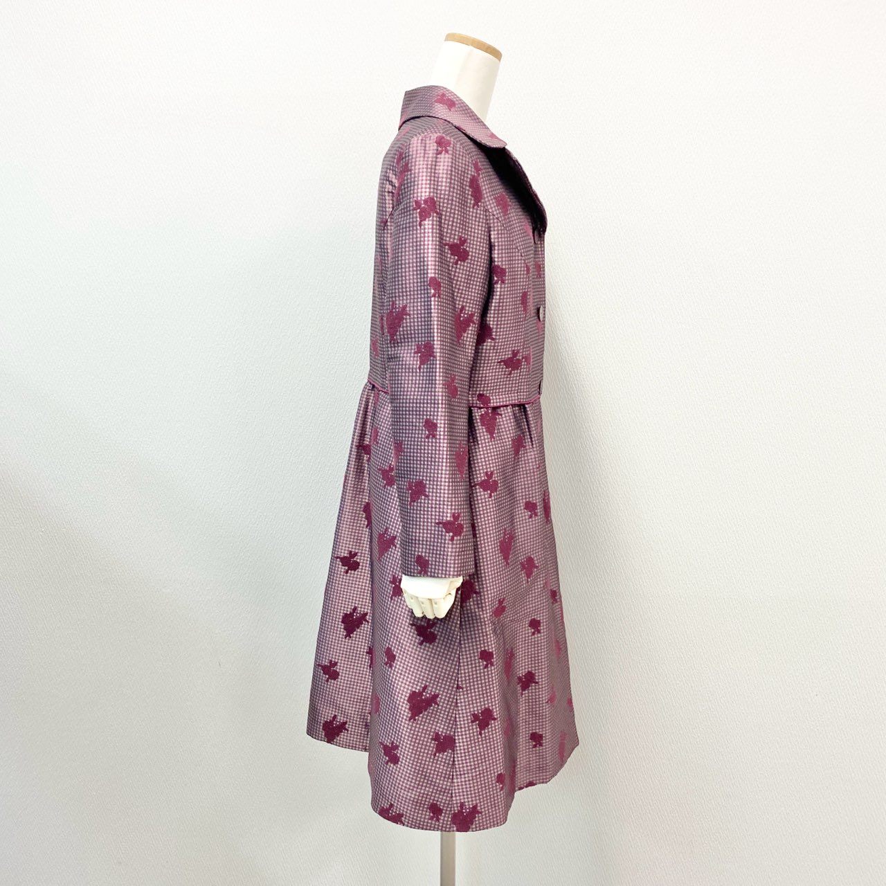 27j22 《美品》HANAEMORI ALMA EN ROSE ハナエモリ アルマアンローズ チェスターコート ギンガムチェック 花柄 キルティング 38サイズ パープル レディースu02t