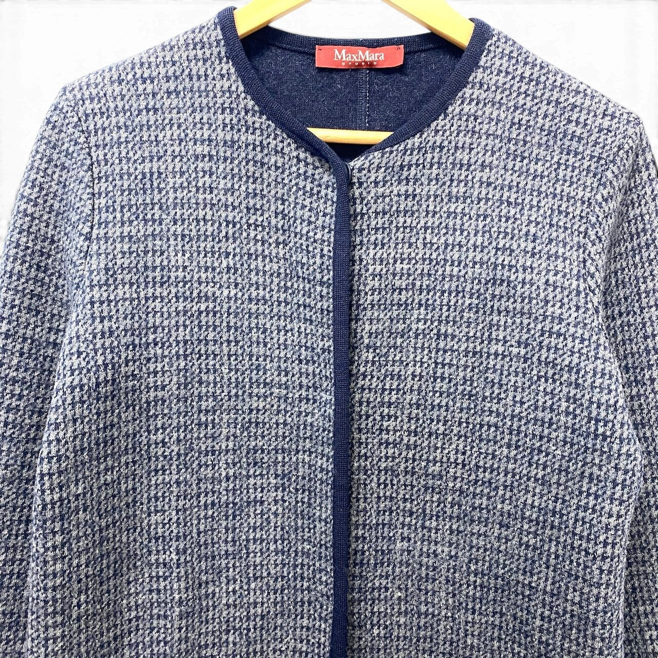 82f16 Max Mara STUDIO マックスマーラ ストゥディオ ノーカラー ウールニットコート 千鳥格子 サイズ40 ネイビー グレー レディース 女性用u02t