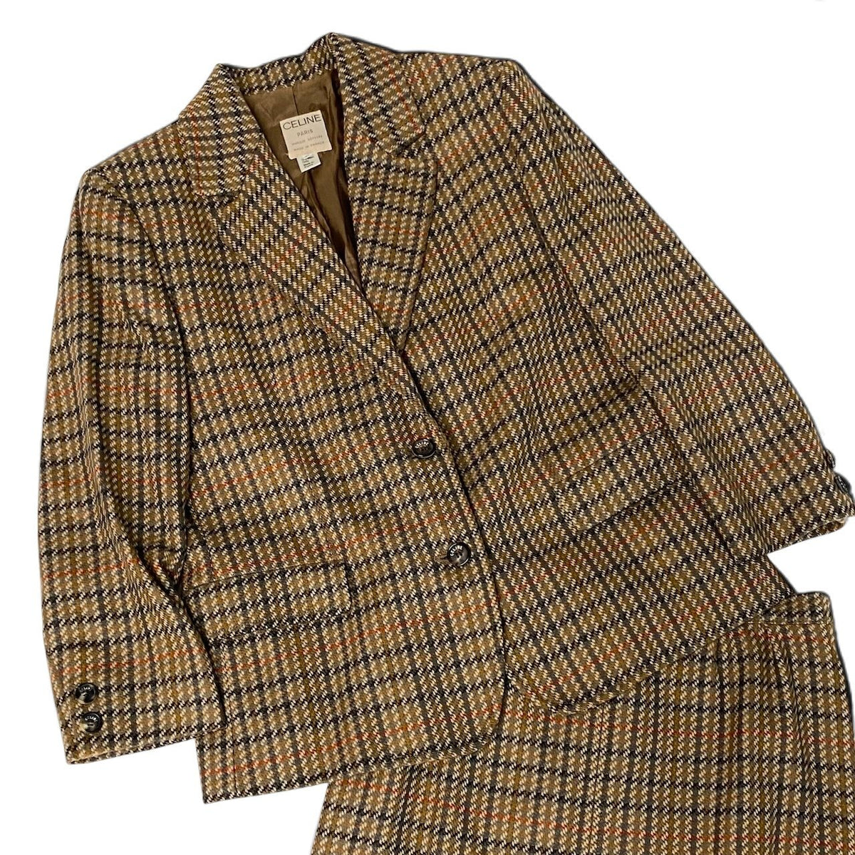 j29 【美品】CELINE 80's ヴィンテージ セットアップ グレンチェック ツイード ジャケット スカート 42サイズ ブラウン レディース 女性用k02i