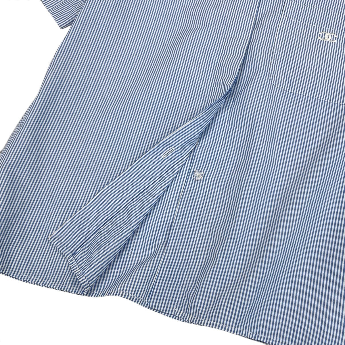 j1 CHANEL シャネル 1999 CCロゴ ストライプ 半袖シャツ Short-Sleeve Striped Shirt with CC Logo Size 40 Blue/White 100% Cotton Women'st18r