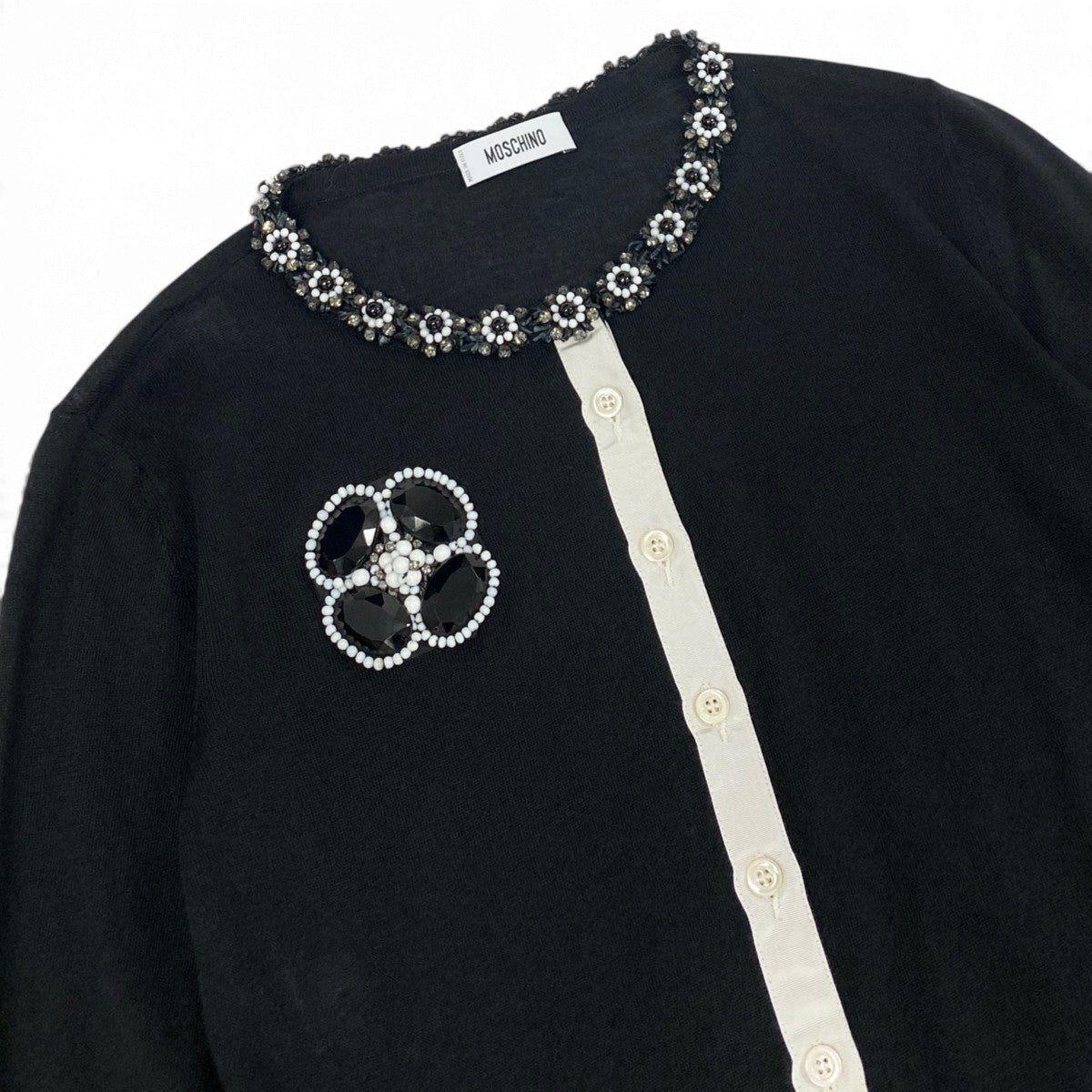 Ej15 MOSCHINO モスキーノ ロングスリーブ ニットカーディガン 花柄 ビーズ サイズ38 ブラック レーヨン コットン レディースu02t